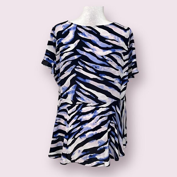 Torrid Women’s 1X Top Blue Black Zebra Print V-Neck Peplum Blouse Y2K Animal - Picture 2 of 7